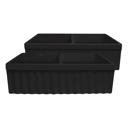 Whitehaus Rvrsbl Matte Dbl Bowl Kitchen Sink W/ Fluted 2" Lip Front Apron On One WHQDB332-M-BLACK